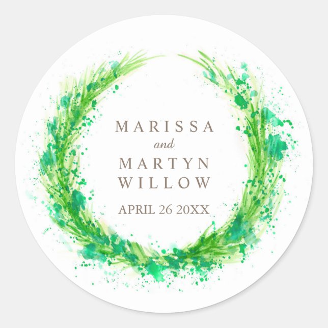 Watercolor greenery wreath custom wedding stickers (Front)