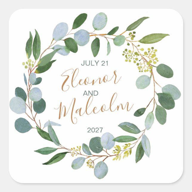 Watercolor greenery wreath, eucalyptus Wedding Square Sticker (Front)