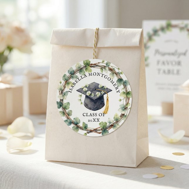 Watercolor Greenery Wreath Floral Graduation Cap Classic Round Sticker (Creator Uploaded)