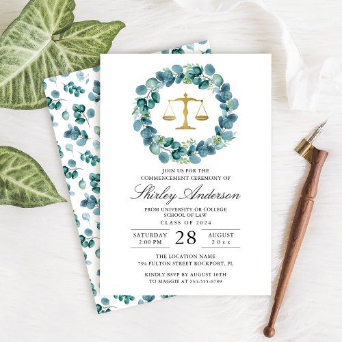Watercolor Greenery Wreath Law School Graduation Invitation