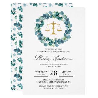 Watercolor Greenery Wreath Law School Graduation Invitation