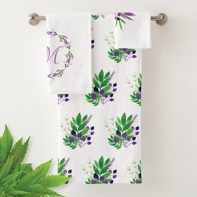 Watercolor Greenery Wreath Monogram Bath Towel Set (Creator Uploaded)