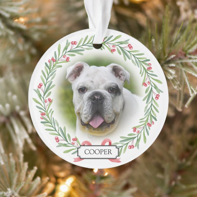 Watercolor Greenery Wreath Personalized Pet Photo Ornament (Tree)