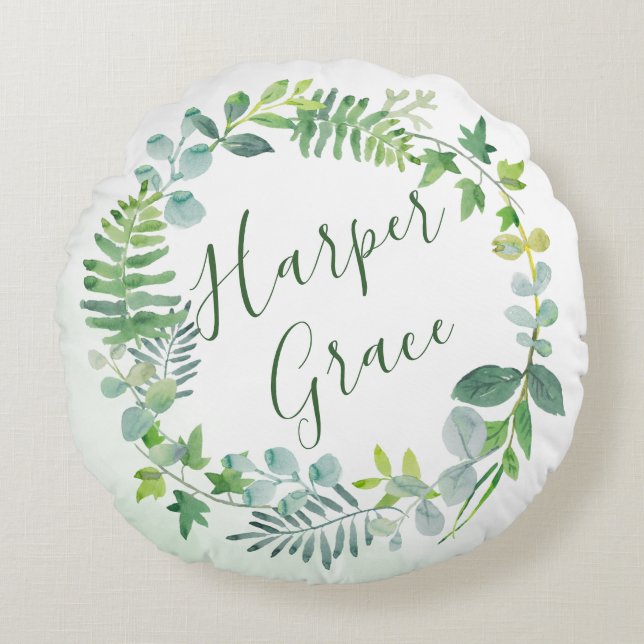 Watercolor Greenery Wreath Personalized Round Pillow (Front)