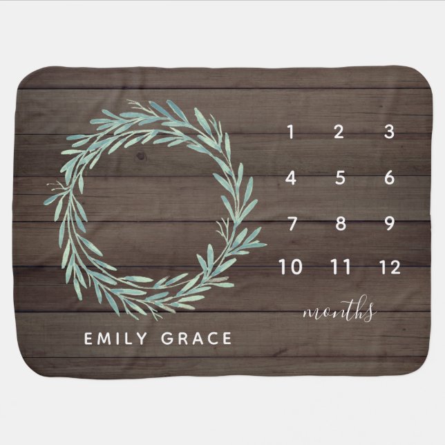 Watercolor Greenery Wreath Rustic Wood Milestone B Baby Blanket (Horizontal)
