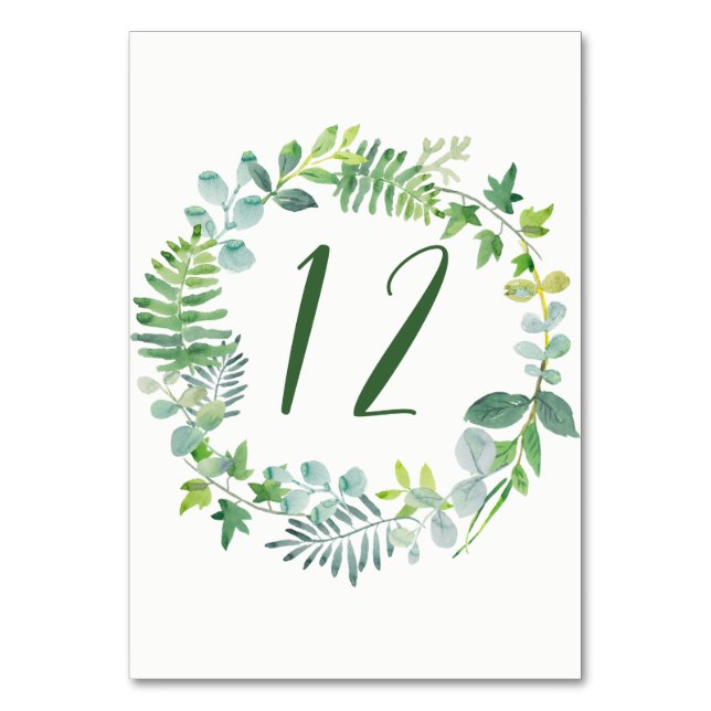 Watercolor Greenery Wreath Table Number Cards (Front)