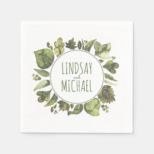 Watercolor Greenery Wreath Wedding Napkins - Watercolor leaves laurel - greenery wreath - rustic woodland wedding whimsical paper napkins