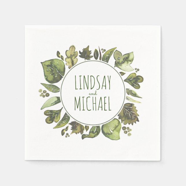 Watercolor Greenery Wreath Wedding Napkins (Front)