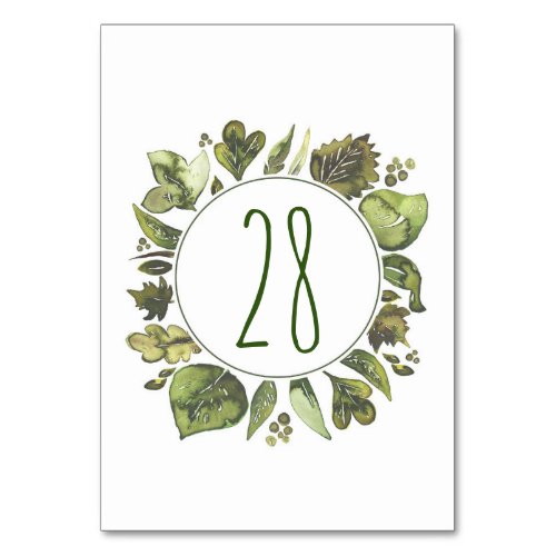 Watercolor Greenery Wreath Wedding Table Numbers - Whimsical watercolor greenery wreath - laurel leaves rustic woodland wedding table numbers