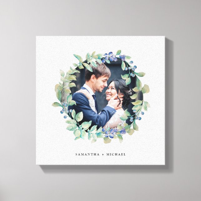 Watercolor Greenery Wreath with Blue | Photo Canvas Print (Front)