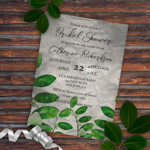 Watercolor Greenery  Wrinkled Paper Bridal Shower Invitation