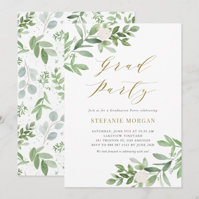 Watercolor Greeney and White Flowers Graduation Invitation (Front/Back)