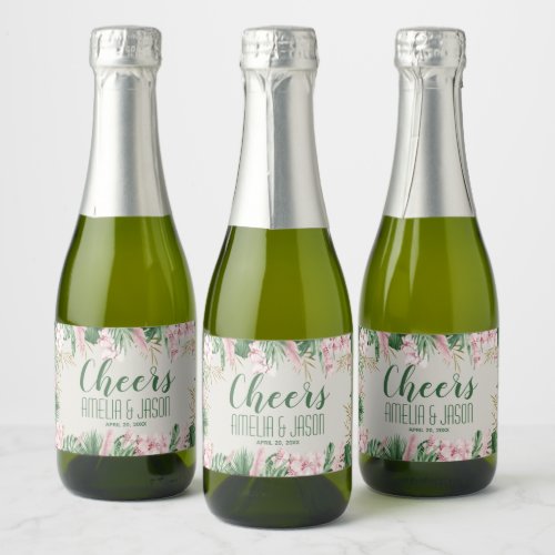 Watercolor Greens and Pink Tropical Sparkling Wine Label