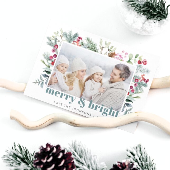 Watercolor Greens Holly Berry Photo  Holiday Card (Creator Uploaded)