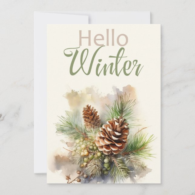 Watercolor greeting card with pine branches, cones (Front)