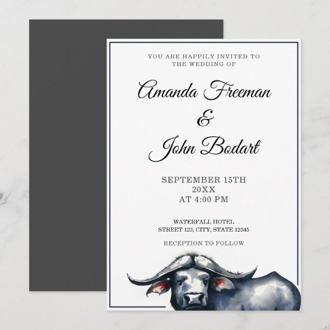 Watercolor Grey & Black Buffalo Western Wedding Invitation (Front/Back)