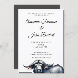 Watercolor Grey & Black Buffalo Western Wedding Invitation