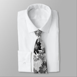 Watercolor Grey, Black floral pattern. neck tie