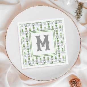 Watercolor Grey Bows and Green Topiary Monogram Napkins