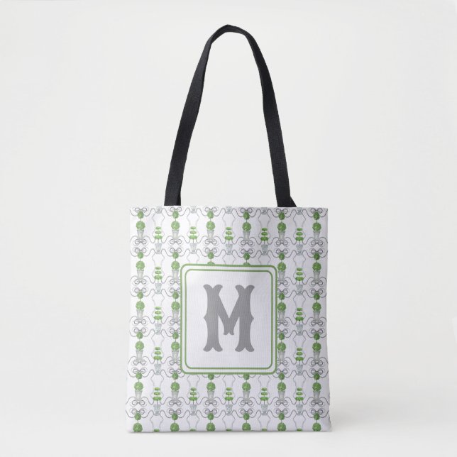 Watercolor Grey Bows and Green Topiary Monogram Tote Bag (Front)