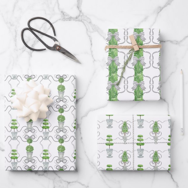 Watercolor Grey Bows and Green Topiary Wrapping Paper Sheets (Front)