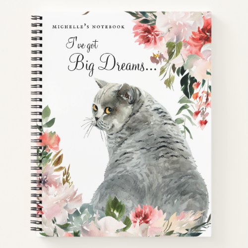 Watercolor Grey Cat Floral Quote  Monogram Notebook