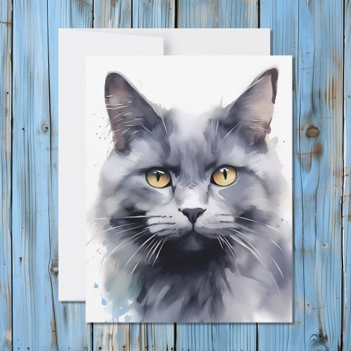 Watercolor Grey Cat Portrait Holiday Card
