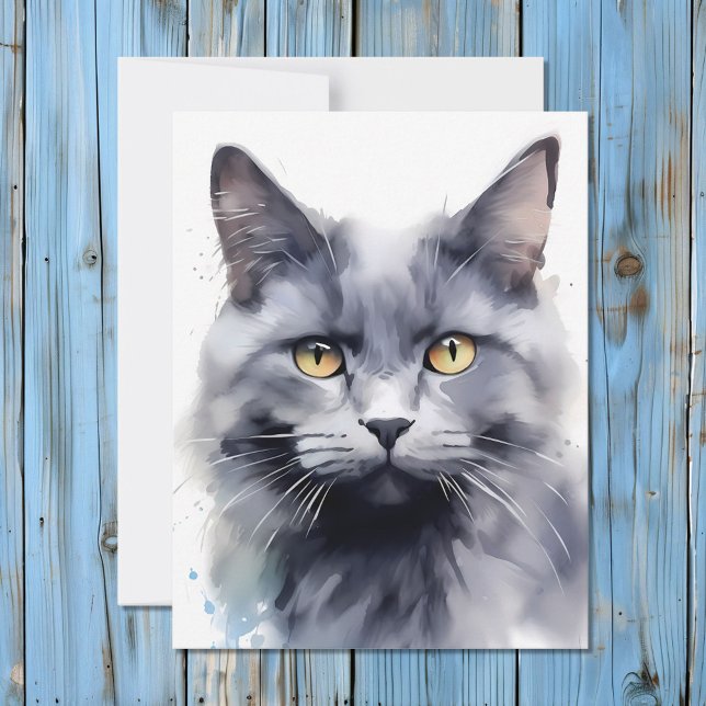 Watercolor Grey Cat Portrait Holiday Card (Creator Uploaded)