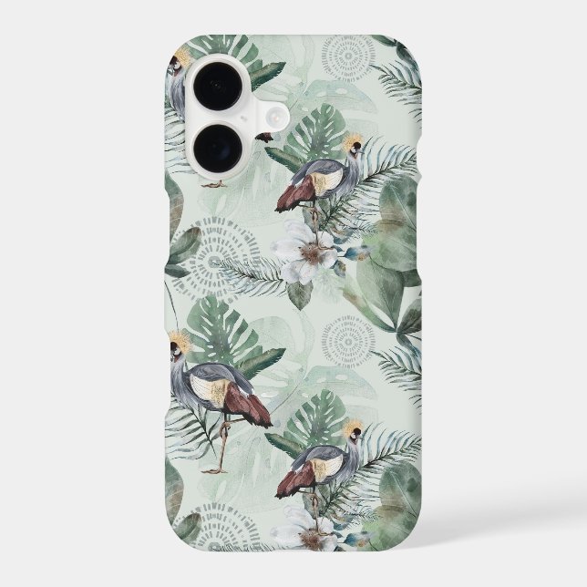 Watercolor Grey Crowned Crane & Tropical Botanical iPhone Case (Back)