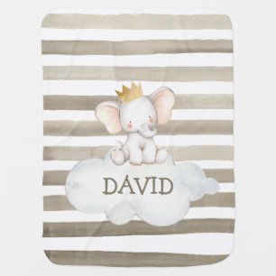 Watercolor Grey Elephant Boy Crown Personalized Baby Blanket