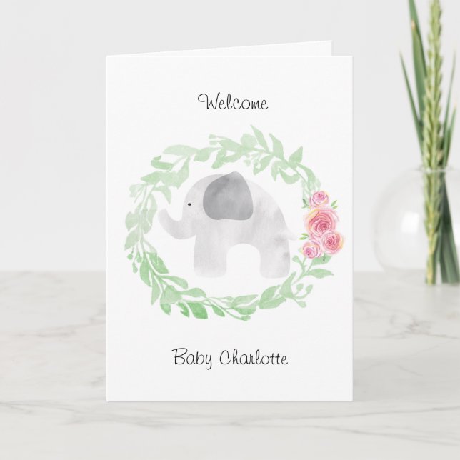 Watercolor Grey Elephant Welcome Baby Card (Front)
