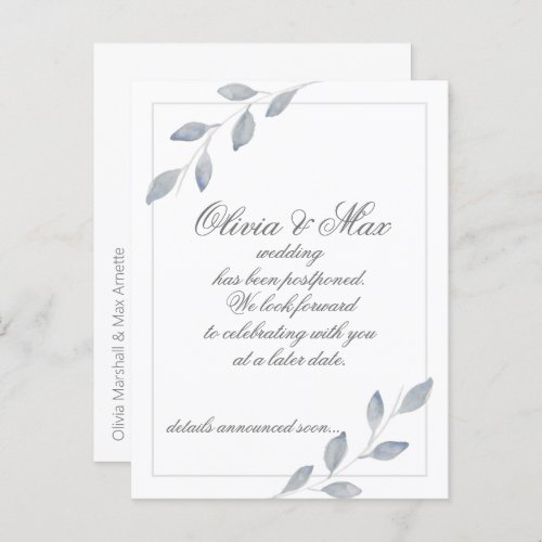 Watercolor Grey Leaves Wedding Change the Date Announcement Postcard