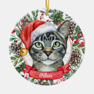 Watercolor Grey Tabby Cat Custom Santa Ornament