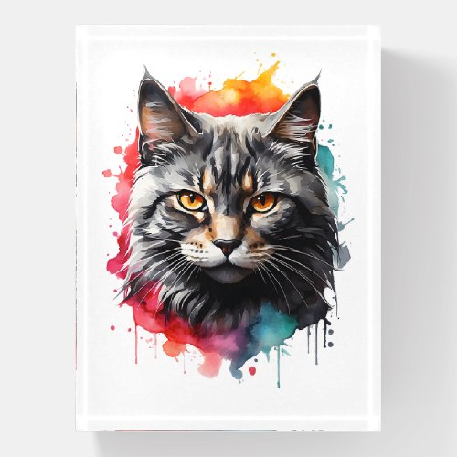 Watercolor Grey Tabby Cat Splatter Abstract Paperweight