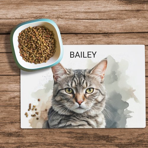 Watercolor Grey Tabby Custom Cat Food Mat