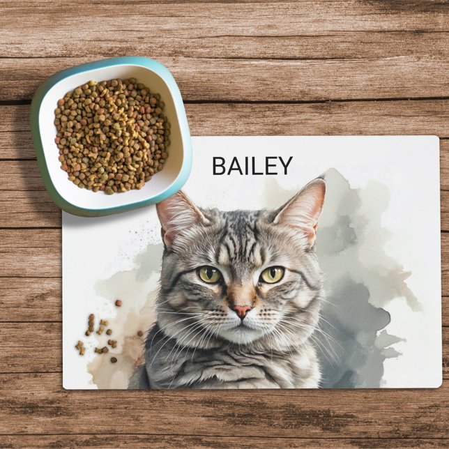 Watercolor Grey Tabby Custom Cat Food Mat (Creator Uploaded)