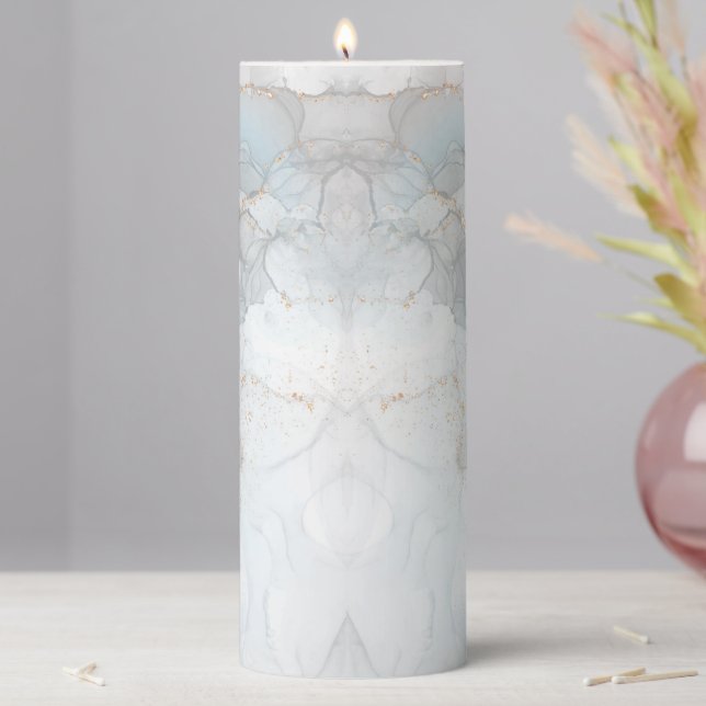 Watercolor Grey White Blue Gold Marble Agate Art Pillar Candle (In Situ)