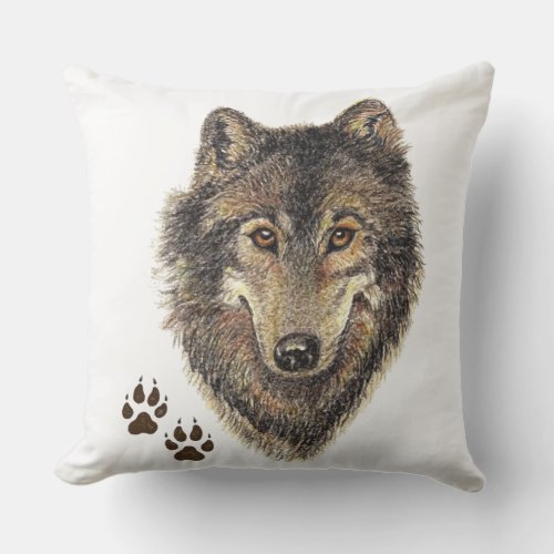 Watercolor Grey Wolf Animal Art Throw Pillow