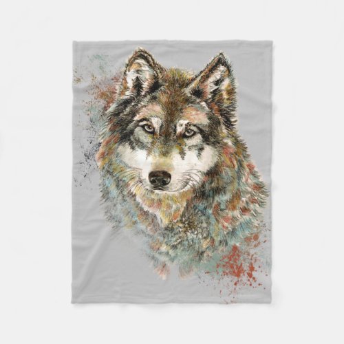 Watercolor Grey Wolf Animal Wildlife Nature  Art  Fleece Blanket