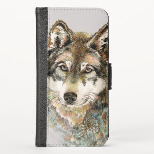 Watercolor Grey Wolf Animal Wildlife Nature Art iPhone X Wallet Case