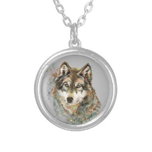 Watercolor Grey Wolf Animal Wildlife Nature  Art   Silver Plated Necklace
