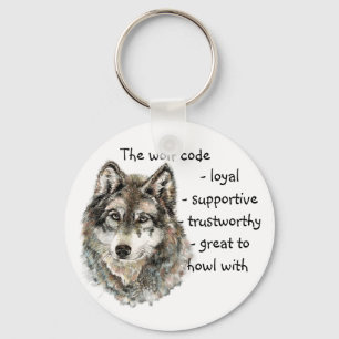 Watercolor Grey Wolf Code Quote, Wolves Animal Keychain