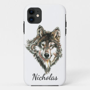 Watercolor Grey Wolf Custom Name iPhone 11 Case