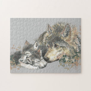 Watercolor Grey Wolf Mom or Dad & Cub Jigsaw Puzzle