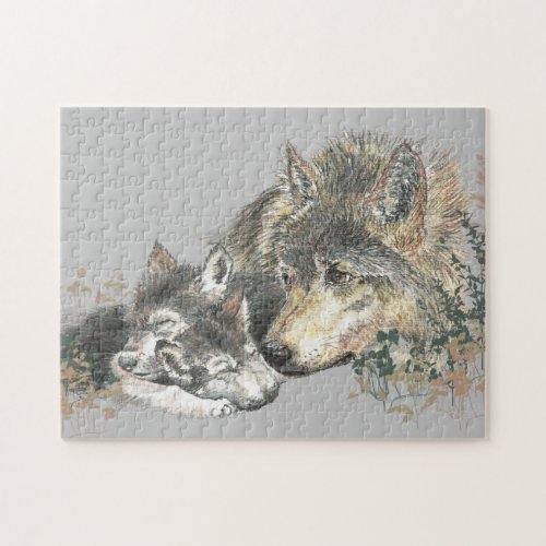 Watercolor Grey Wolf Mom or Dad  Cub Jigsaw Puzzle