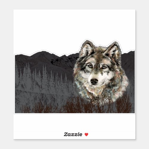 Watercolor Grey Wolf Mountain Animal Nature Art Sticker
