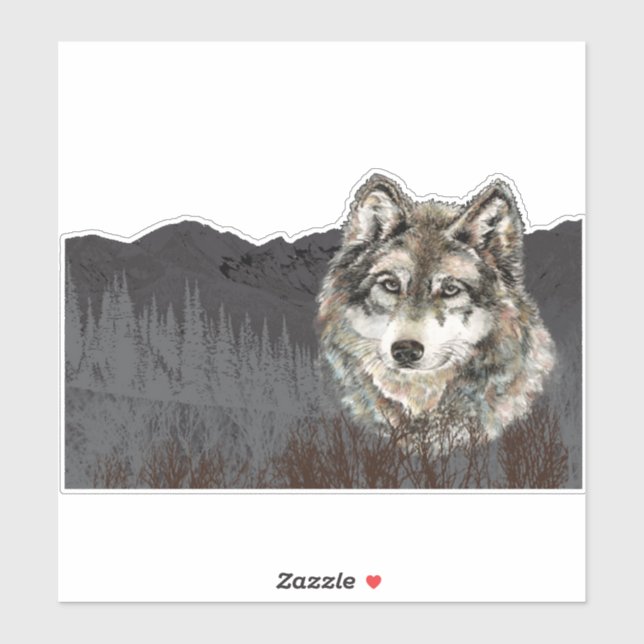 Watercolor Grey Wolf Mountain Animal Nature Art Sticker (Sheet)