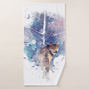 Watercolor Grey Wolf Wildlife Animal Nature Art Bath Towel Set