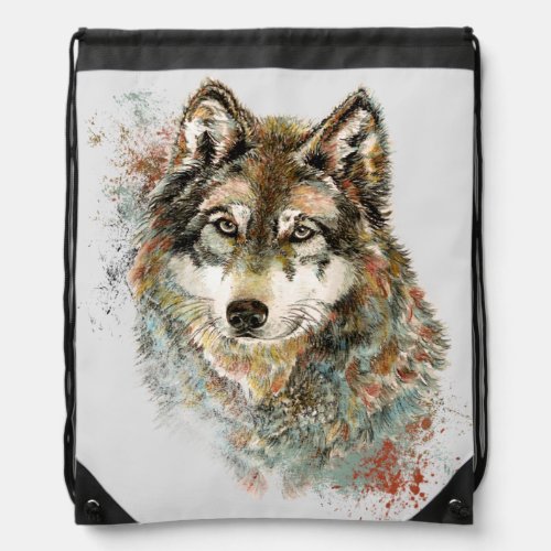 Watercolor Grey Wolf Wildlife Animal Nature Art Drawstring Bag