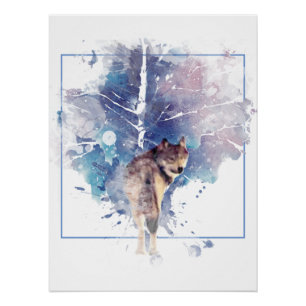 Watercolor Grey Wolf Wildlife Animal Nature Art Poster